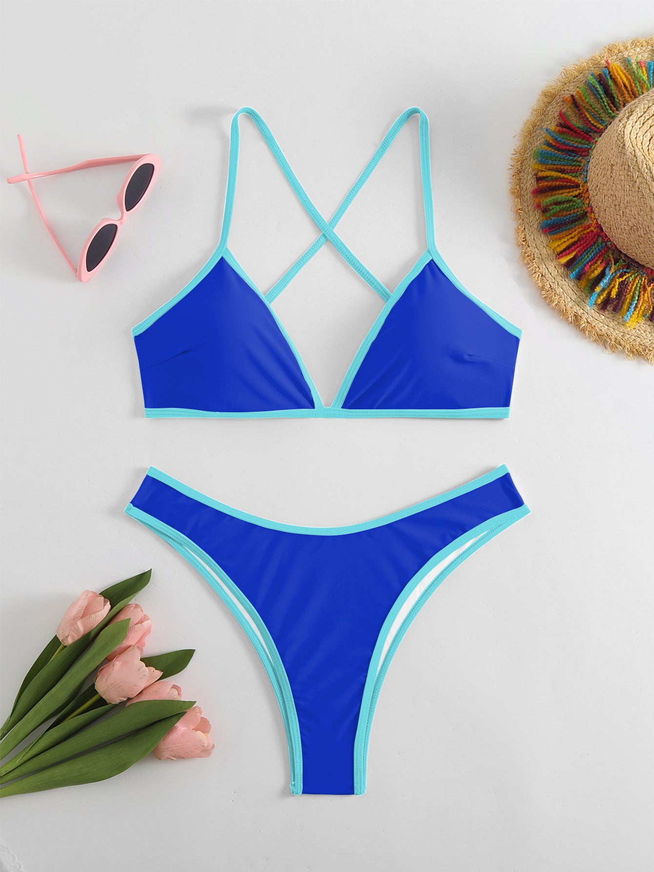 New Color-Matching Cross Shoulder Strap Bikini Low-Cut Split Swimsuit for Women