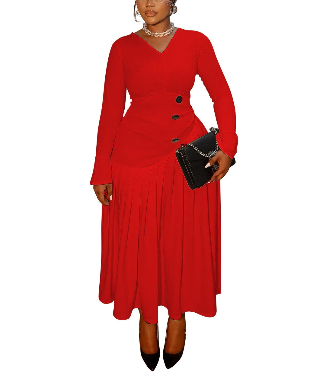 Plus Size Autumn V-Neck Pleated Long Dress – Waist-Defined Elegant Maxi