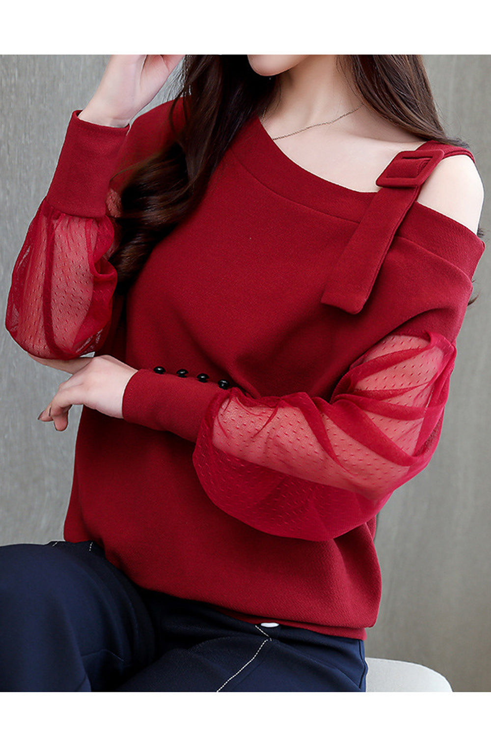 Women Tremendous Solid Colored See Through Lantern Sleeves Oblique Neck Ribbem Hem Casual Shirt