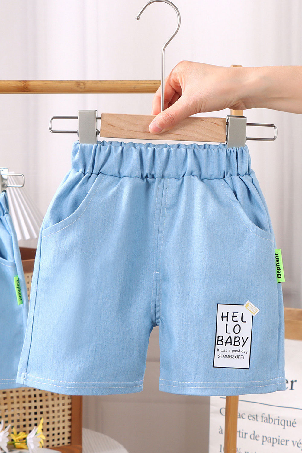 Kids Boys New Fashionable Waistband Half-Assed Elastic belt Solid Color,Letter Pattern Summer Casual Thin Denim Shorts