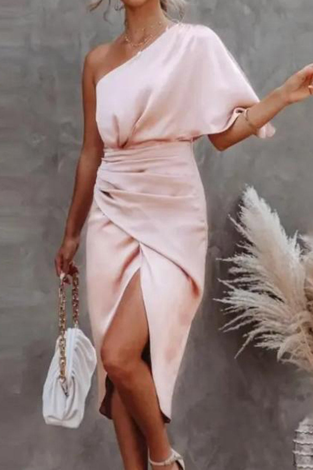 Women Fashion Solid Color One Shoulder Hip Slim Midi Dress