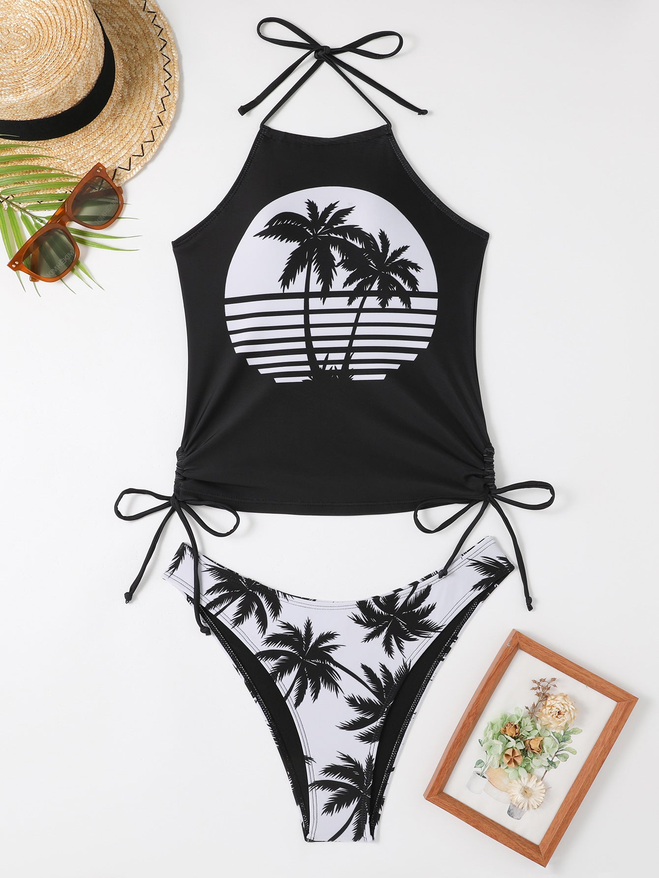 New Digital Print Lace-Up Neck Bikini High-Collar Split Swimsuit
