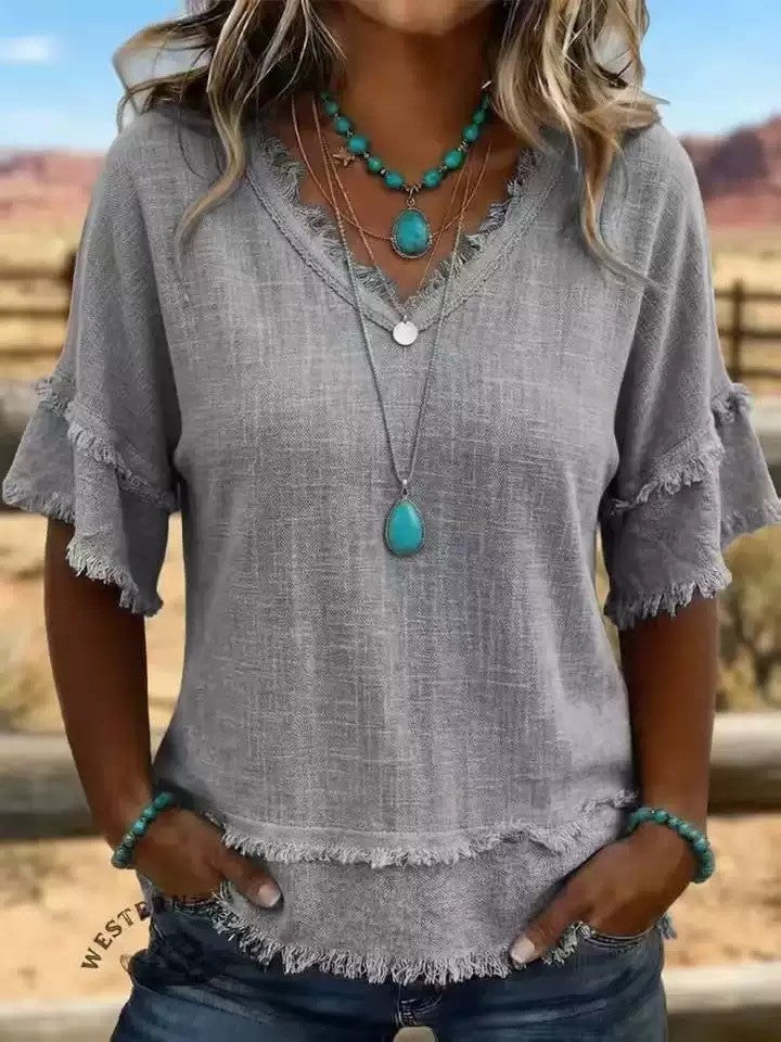 Summer Casual V-Neck Fringed Patchwork Short-Sleeve Loose-Fit Top for Women