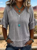 Summer Casual V-Neck Fringed Patchwork Short-Sleeve Loose-Fit Top for Women