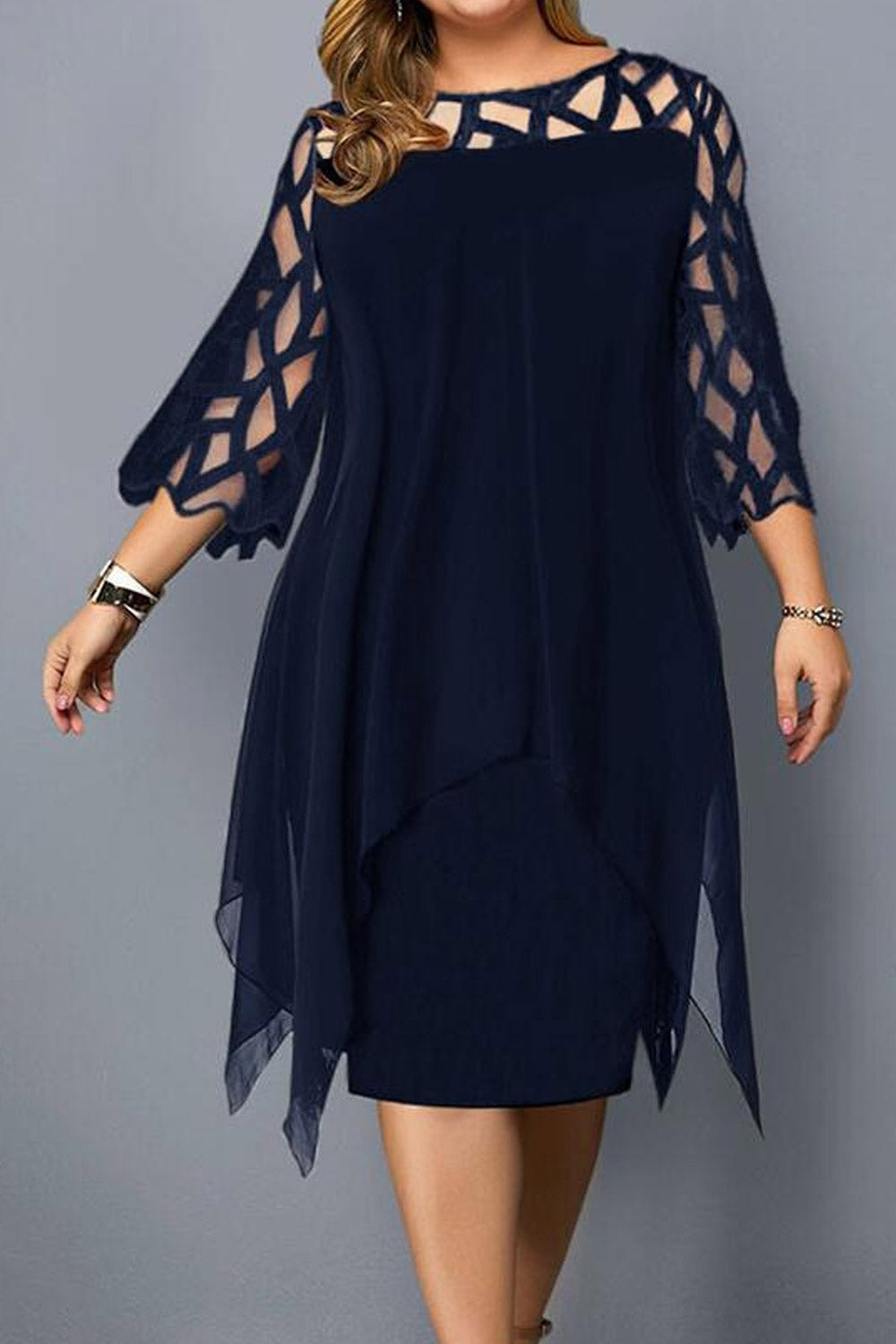 Women Plus O Neck Lace Sleeve Hollow Mesh Printed Party Dress