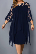 Women Plus O Neck Lace Sleeve Hollow Mesh Printed Party Dress
