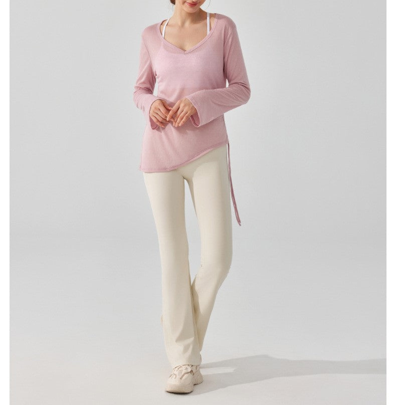 Women's Long Sleeve Yoga Blouse Hip-Covering Pleated Drawstring Top Loose Casual Autumn Dance Fitness Running Shirt