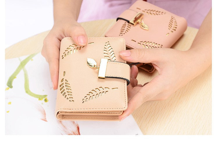 New Ladies Short Wallet Zipper Buckle Hollow Leaf Card Holder Small Wallet