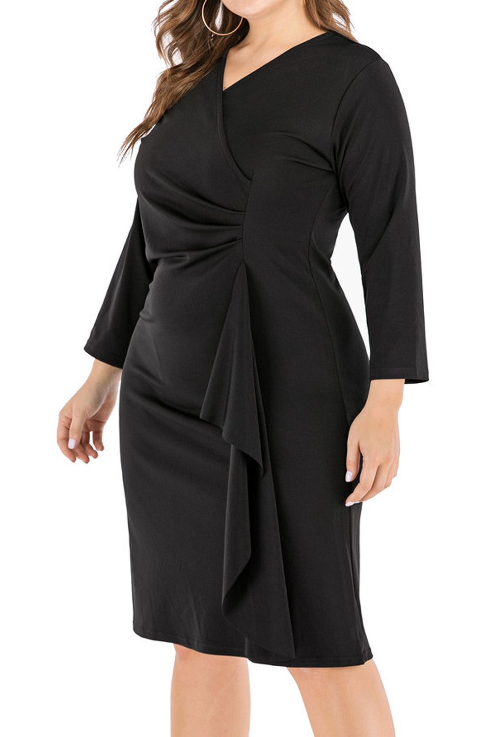Women's Plus Solid Ruffle Trim Long Sleeve V Neck Casual Slim Fit Dress