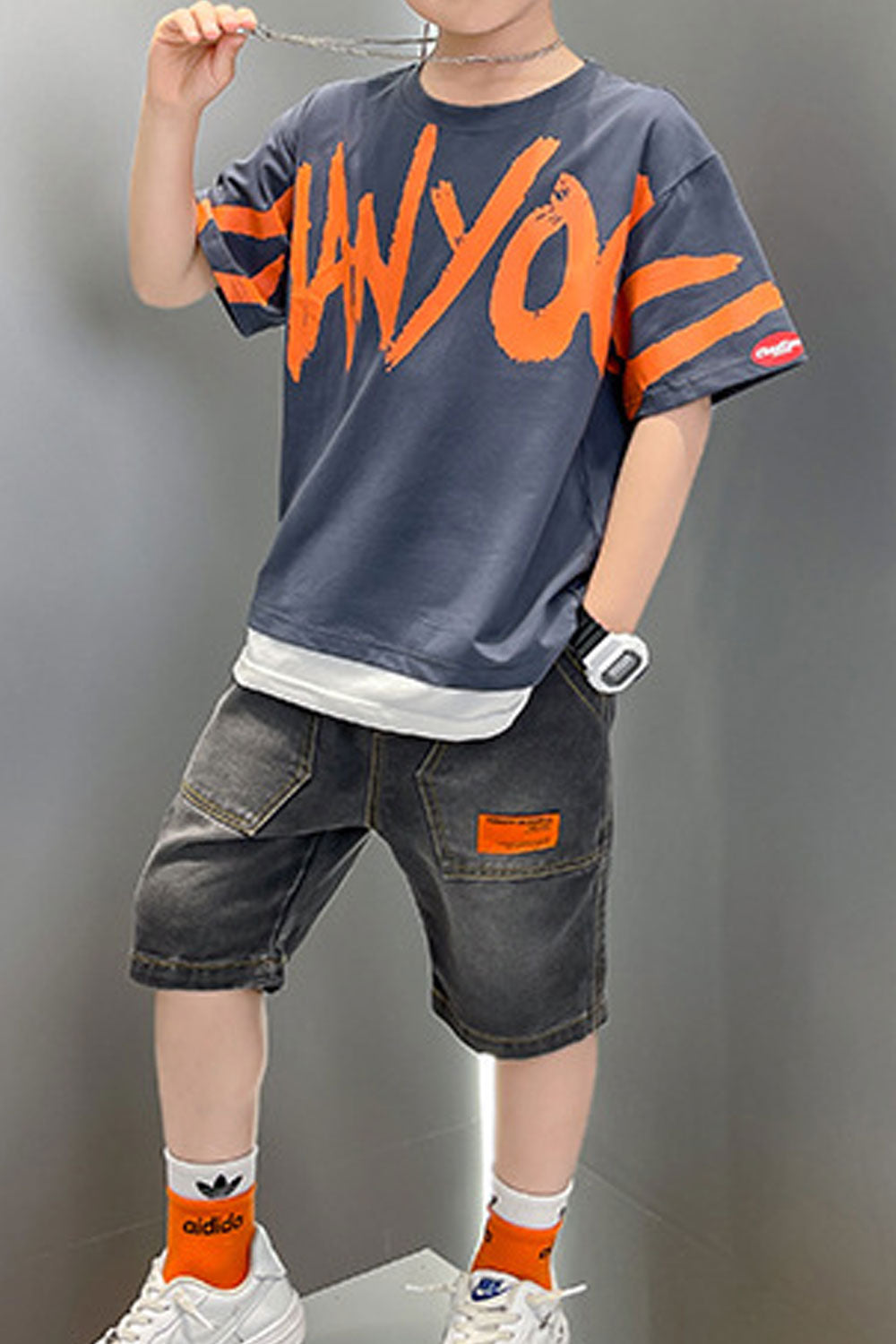 Kids Boys New Fashionable Stylish Round Neck Short Sleeves Letter Pattern T- Shirt with Handsome Cool Looking Thin Summer Shorts