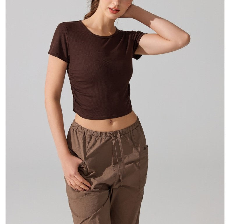 Pleated Waist Slimming T-Shirt Women's Ribbed Stretch Short Sleeve Sports Top for Summer Fitness Yoga & Running