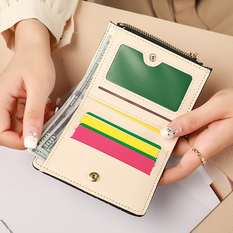Women's Short Coin Purse with Multiple Card Slots, Coin Clip Wallet, Fashionable Woven ID Bag, Patchwork Design
