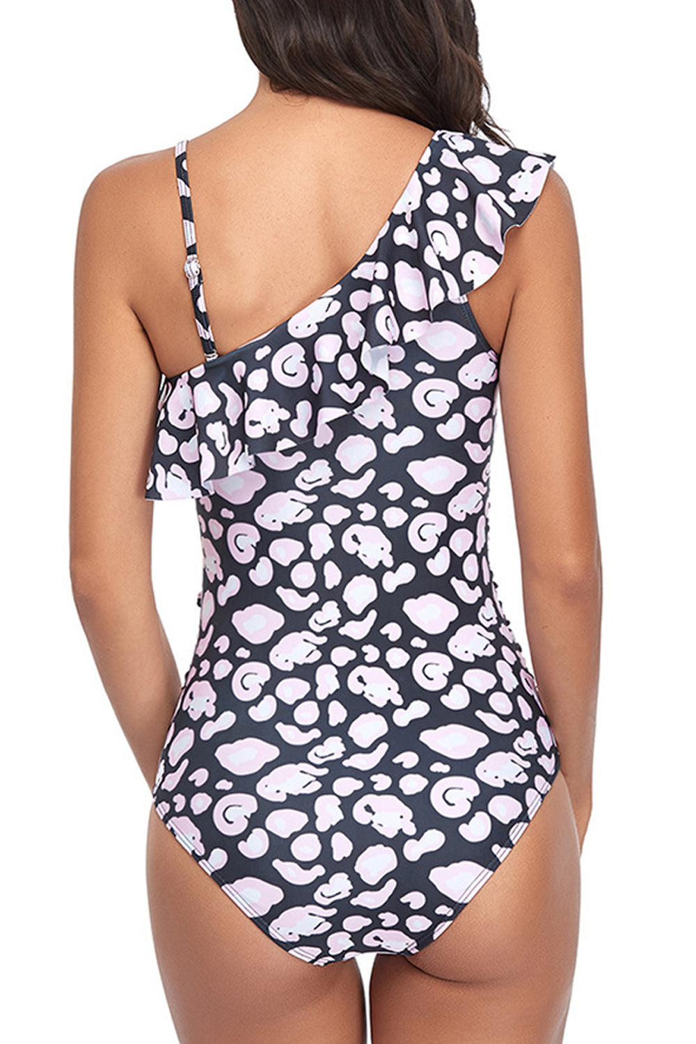 Women Trendy Oblique Neck Printed Style Ruffled Style One Piece Swimwear