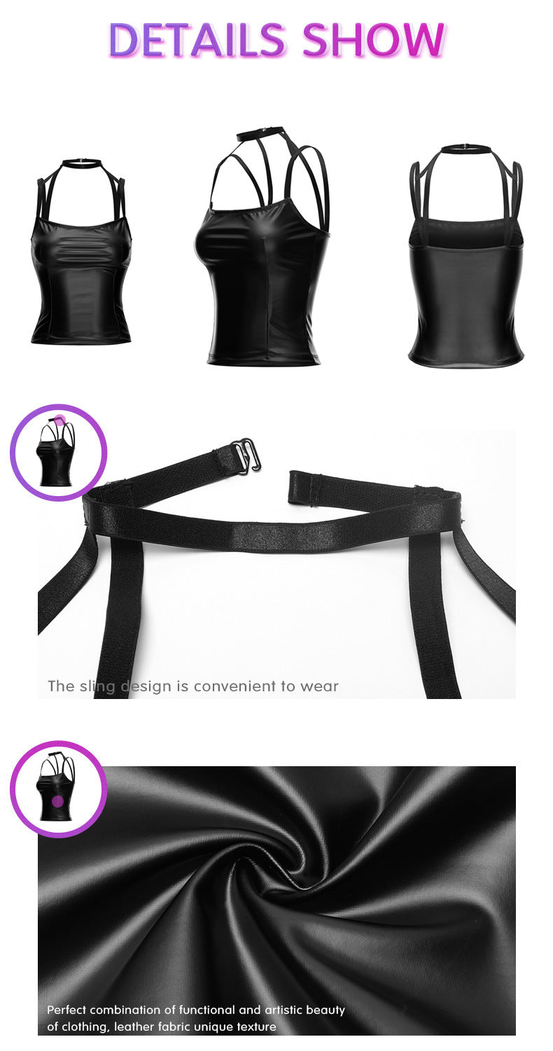 Women Stretch Lace Backless High Neck Long Sleeve PU Tight Vest with Leather Skirt Set for Nightclub Wear