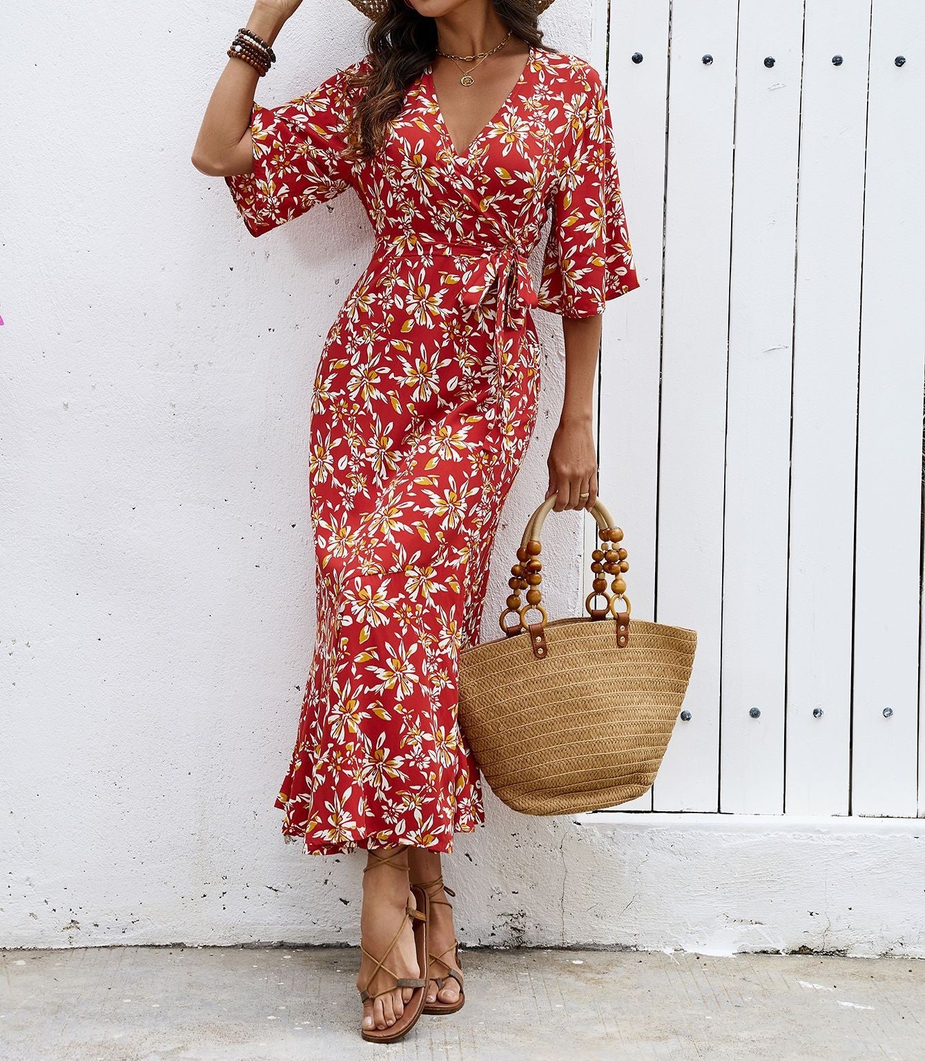 Women's Printed Floral Tie-Up Slit Maxi Dress – Bohemian Summer Vacation Long Dress