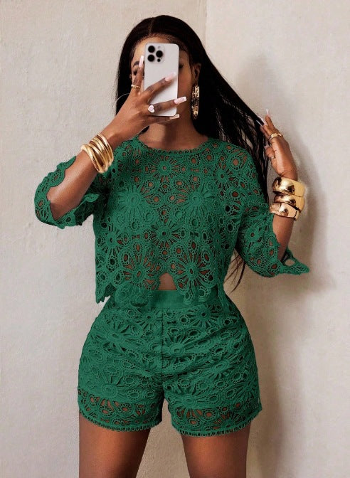 Women's Solid Color Cut-Out Lace Detail Two-Piece Suit Set