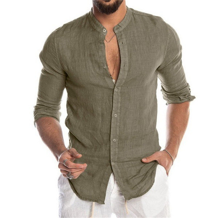 Men’s Solid Linen Stand Collar Long Sleeve Shirt