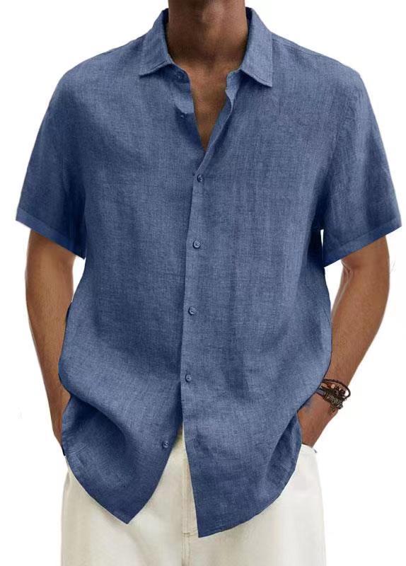 Men Cotton Linen V Neck Button Shirt