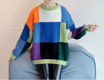 Girls Color Block Check Knit Sweater
