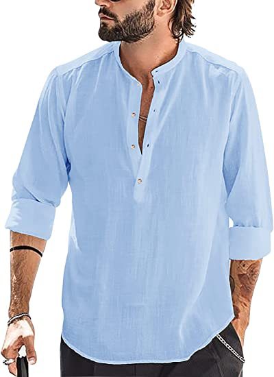Men’s Stand Collar Cotton Linen Casual Shirt