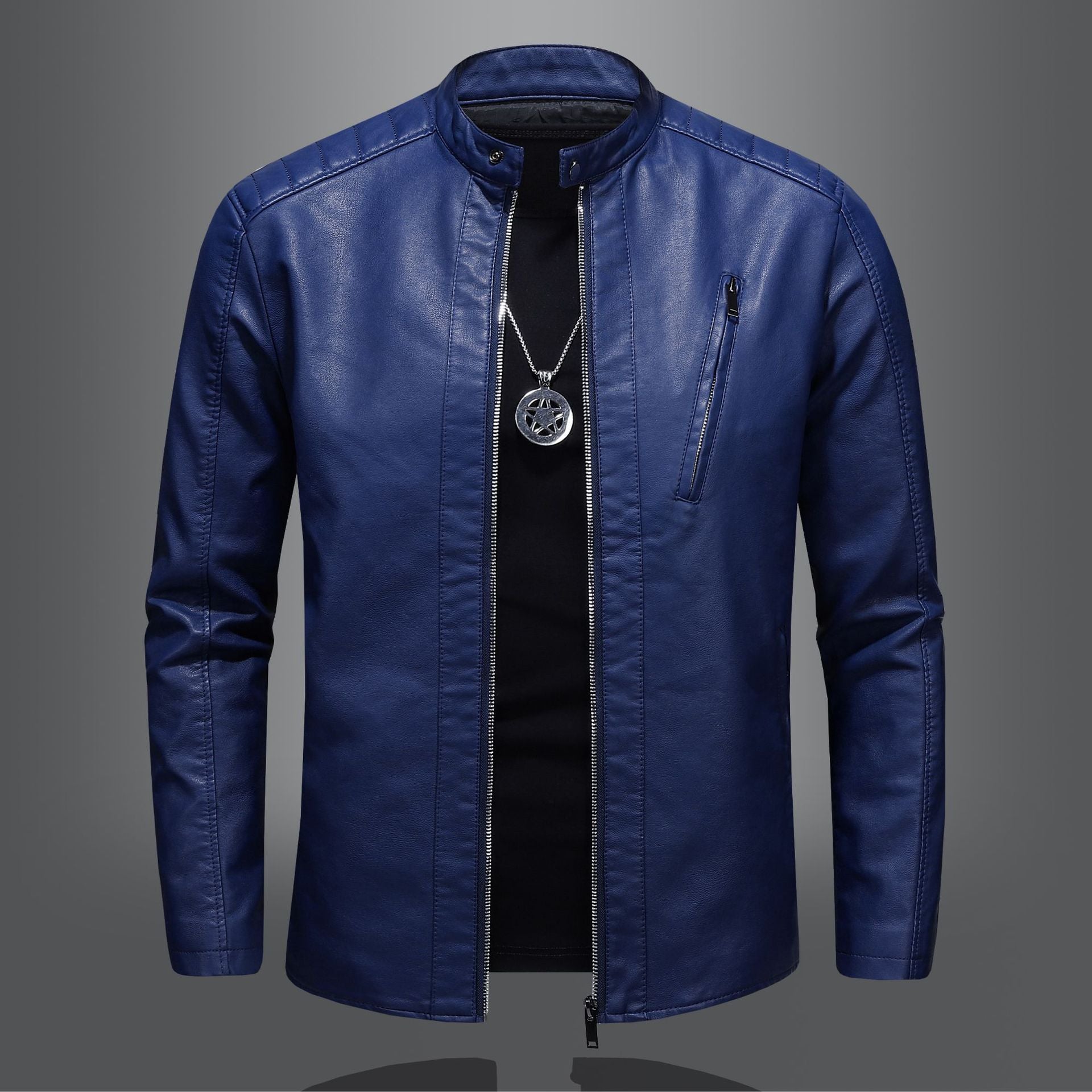 Men’s Stand Collar Casual Motorcycle Leather Jacket