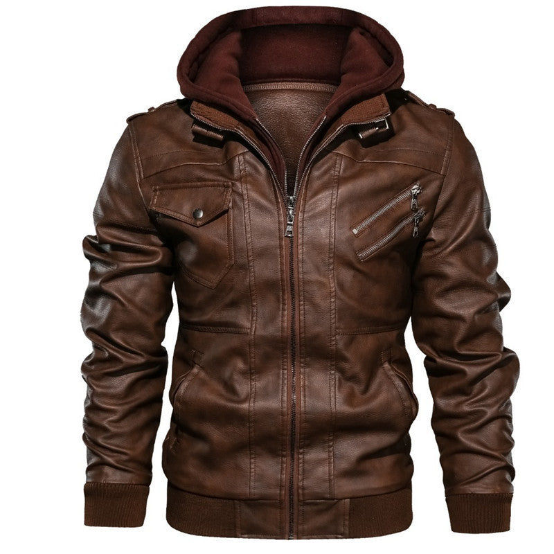 Men’s Double Zipper Hooded Faux Two Piece Leather Jacket