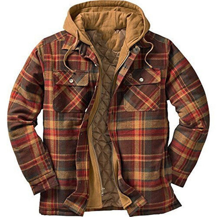 Men’s Thick Cotton Plaid Hooded Jacket