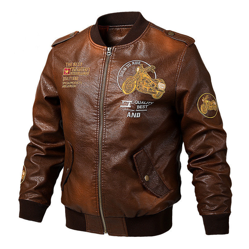 V Neck Casual Motorcycle Style Leather Jacket for Men