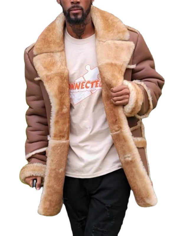 Men’s Long Brown Leather Coat with Fur Collar