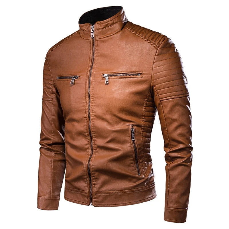Slim Fit Stand Collar Leather Jacket for Men