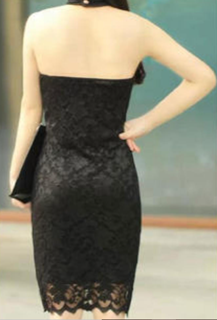 Women Sleeveless Covered Neck Lace Short Dress