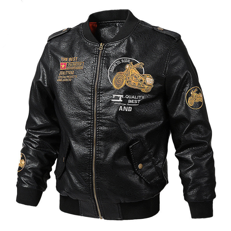 V Neck Casual Motorcycle Style Leather Jacket for Men