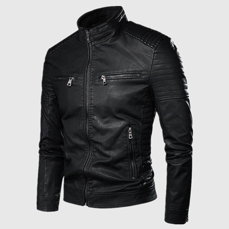 Slim Fit Stand Collar Leather Jacket for Men