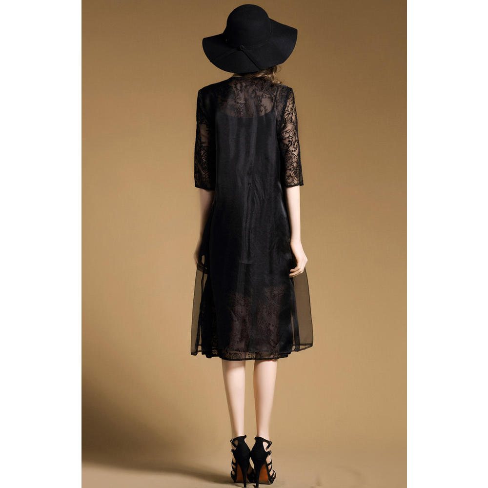 Women Sheer Sleeve Floral Lace Evening Dress