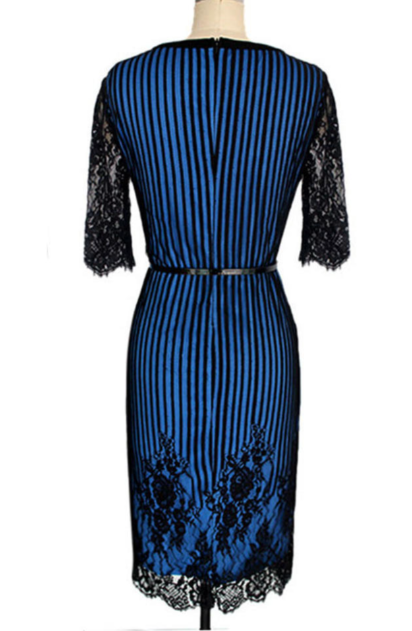 Women Striped Flower Lace Short Sleeve Sheath Dress