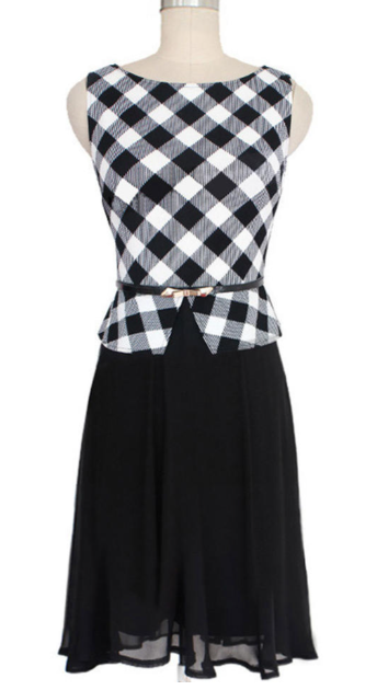 Women Sleeveless Halter Plaid Chiffon Dress Black and White