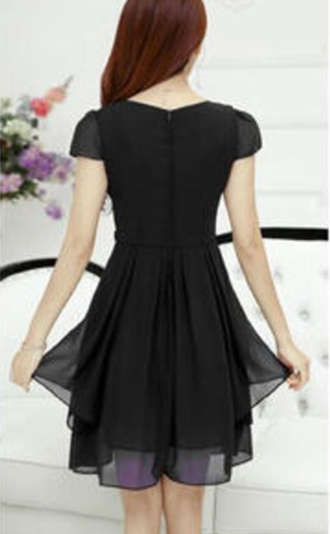 Woman Short Sleeve Waist Tie Skater Dress