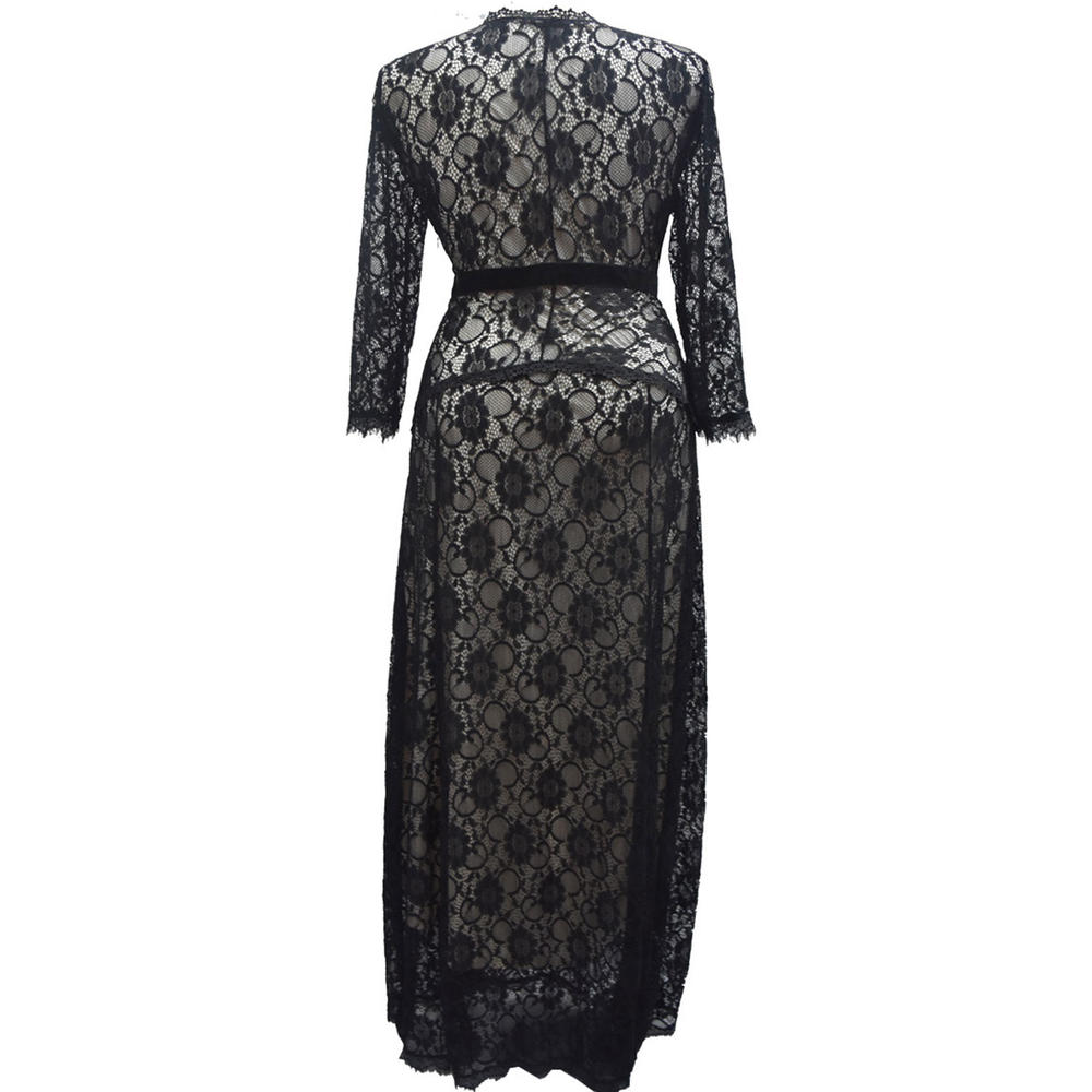 Women Plus Size V Neck Lace Long Dress Black