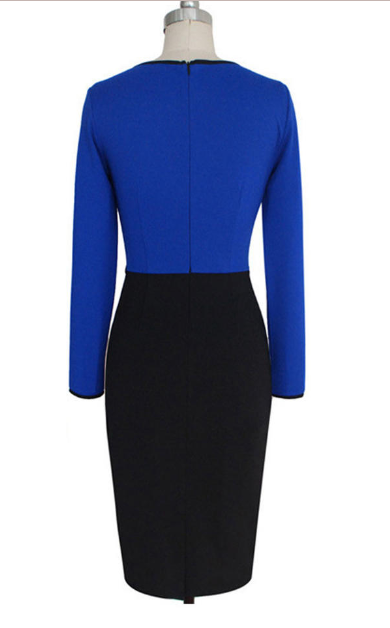 Women Slim Bodycon Long Sleeve Dress with Bow Accent Black and Blue