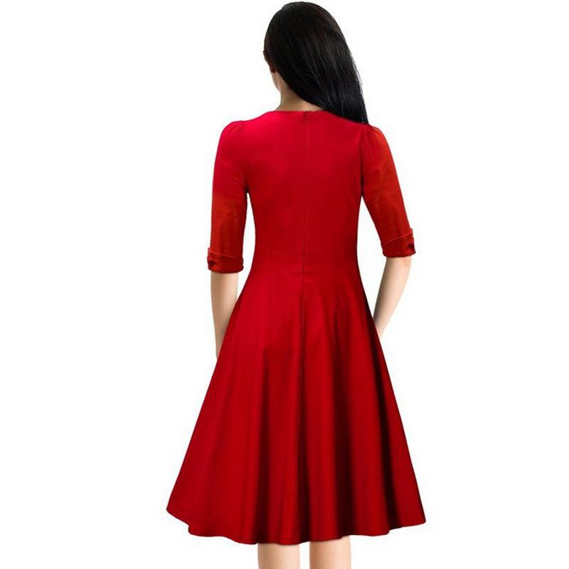 Vintage Style Women Mid Sleeve V Neck Stretch Cotton Dress