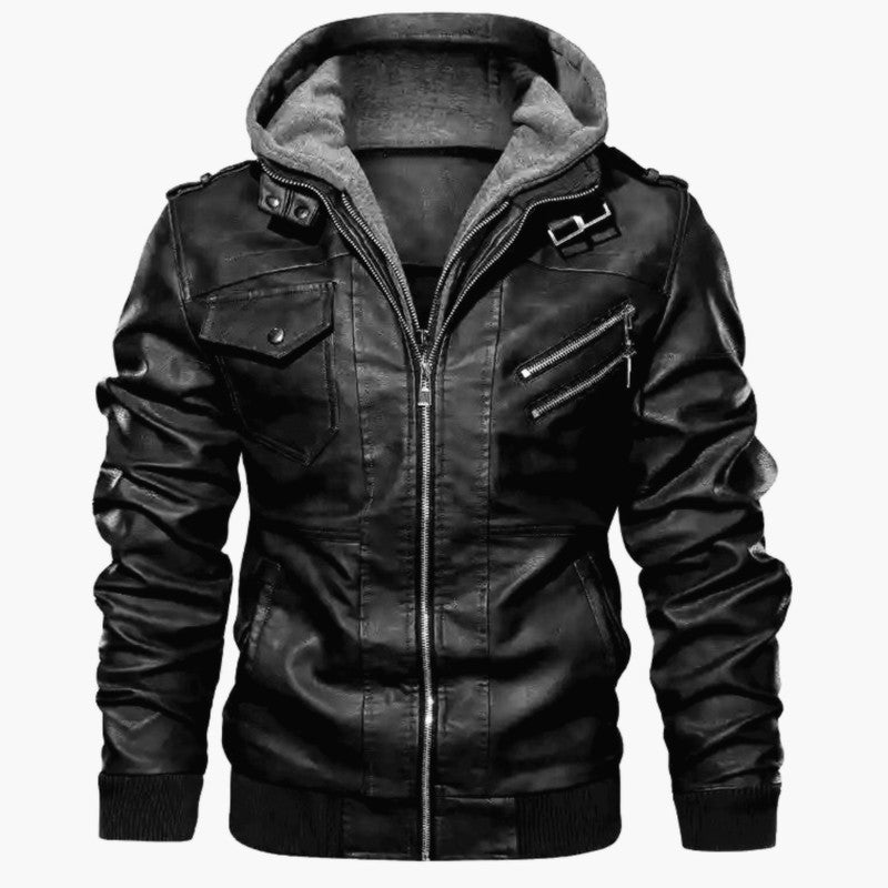 Men’s Double Zipper Hooded Faux Two Piece Leather Jacket