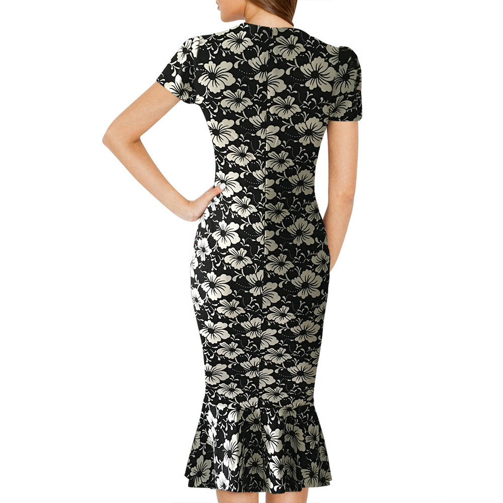 Women V Neck White Flower Fishtail Evening Dress