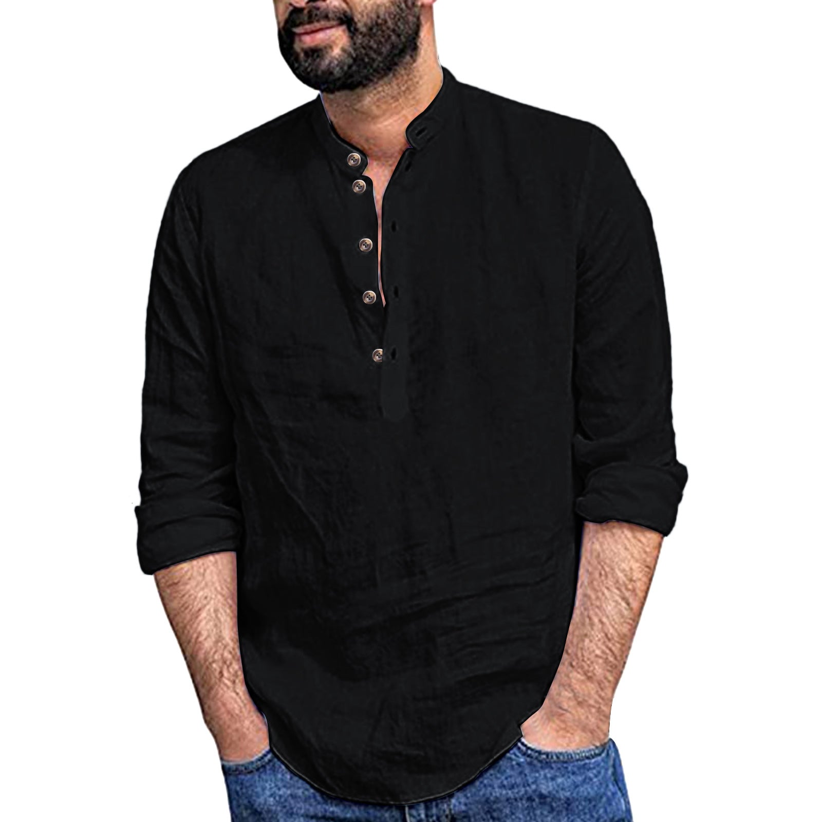 Men’s Stand Collar Cotton Linen Casual Shirt