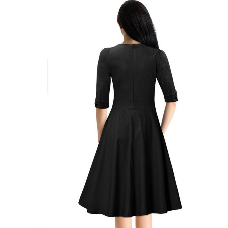 Vintage Style Women Mid Sleeve V Neck Stretch Cotton Dress