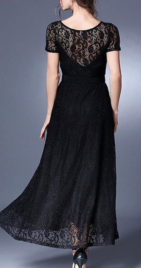 Women Long Belted Lace Party Dress