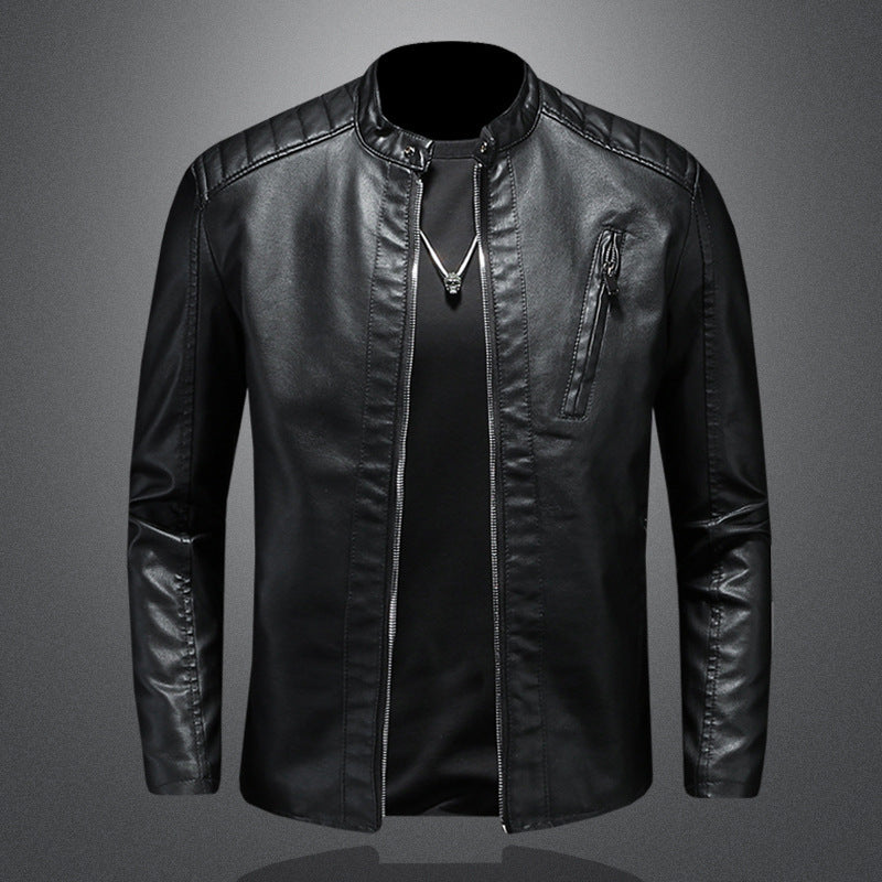 Men’s Stand Collar Casual Motorcycle Leather Jacket