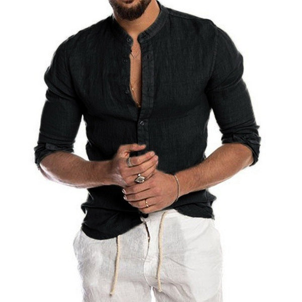 Men’s Stand Collar Linen V Neck Long Sleeve Shirt