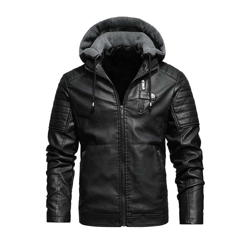 Men’s Slim Fit Hooded Leather Jacket with Stand Collar