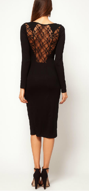 Women Full Sleeve Lace Elastic Waist Dress