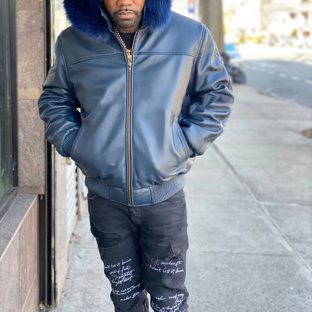 Men’s Hooded Double Zipper Leather Jacket